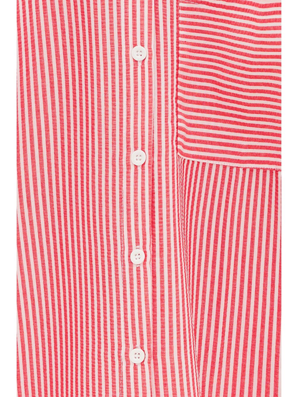 Kırmızı Kadın Çizgili Dokulu Regular Basic Gömlek - Tek Cepli-3