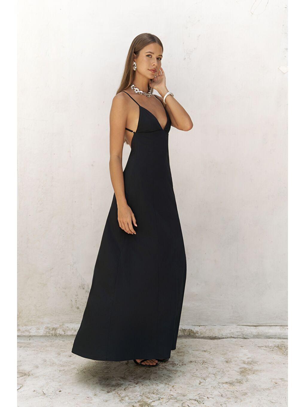 Onella Askılı Siyah Uzun Elbise-2