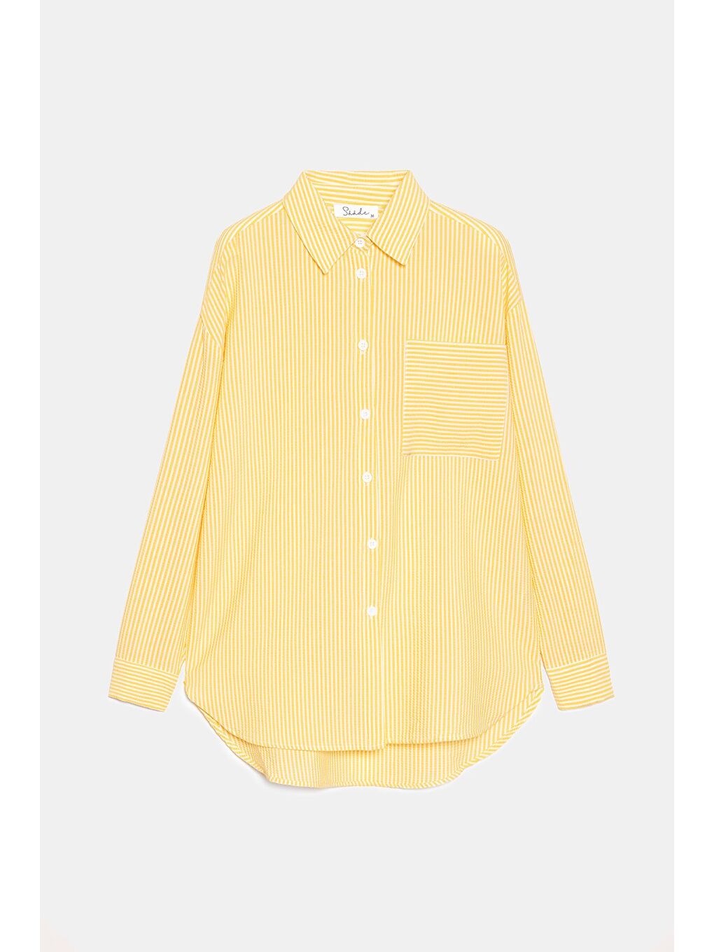 Sarı Kadın Çizgili Dokulu Regular Basic Gömlek - Tek Cepli
