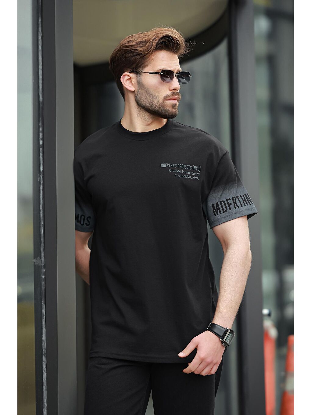 Siyah %100 Pamuklu Baskılı Erkek Tişört E7143-1