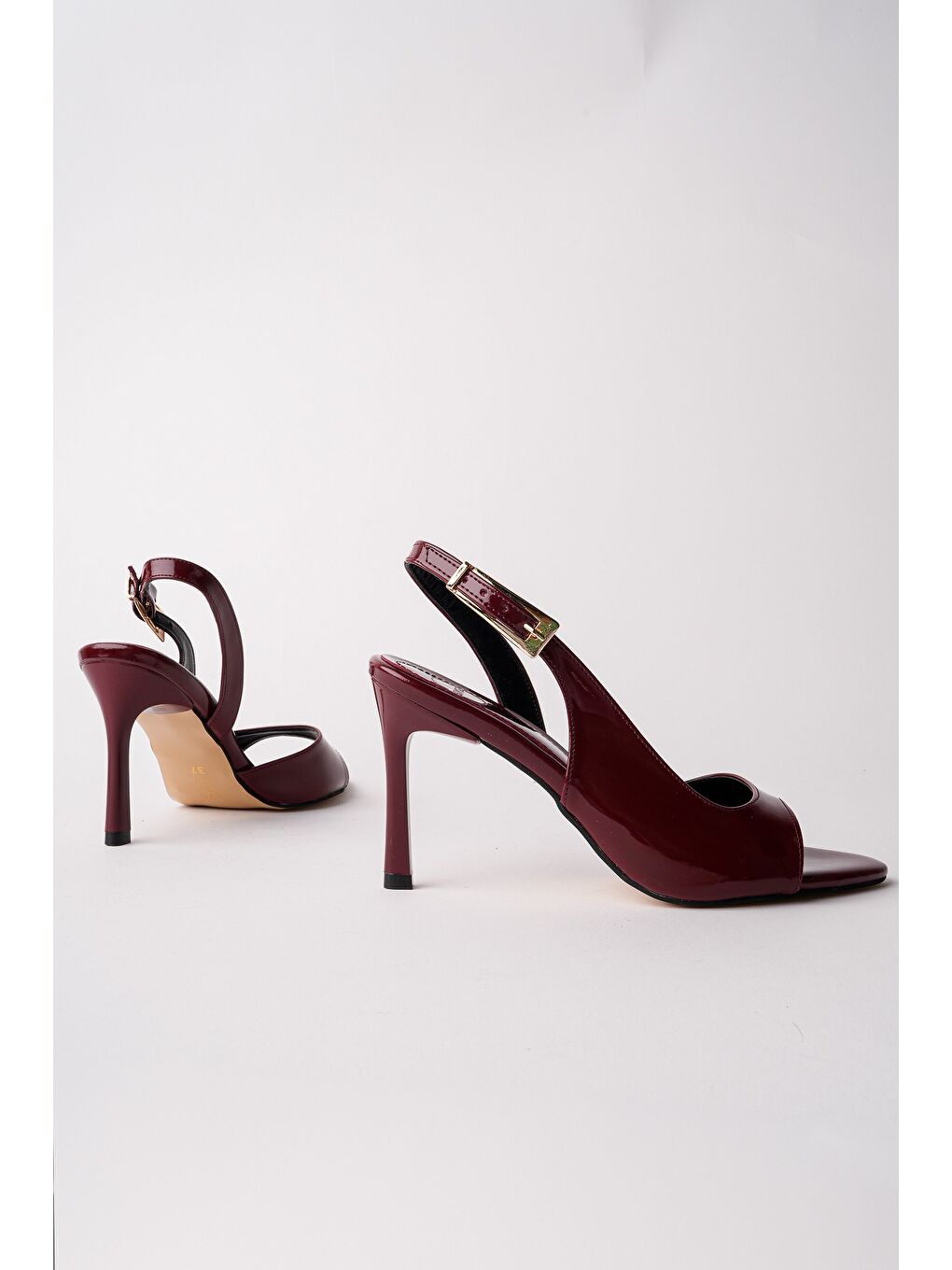 Bordo PURELİNE Rugan Sivri Burun İnce Topuk Arkası Açık Kadın Topuklu Ayakkabı-4