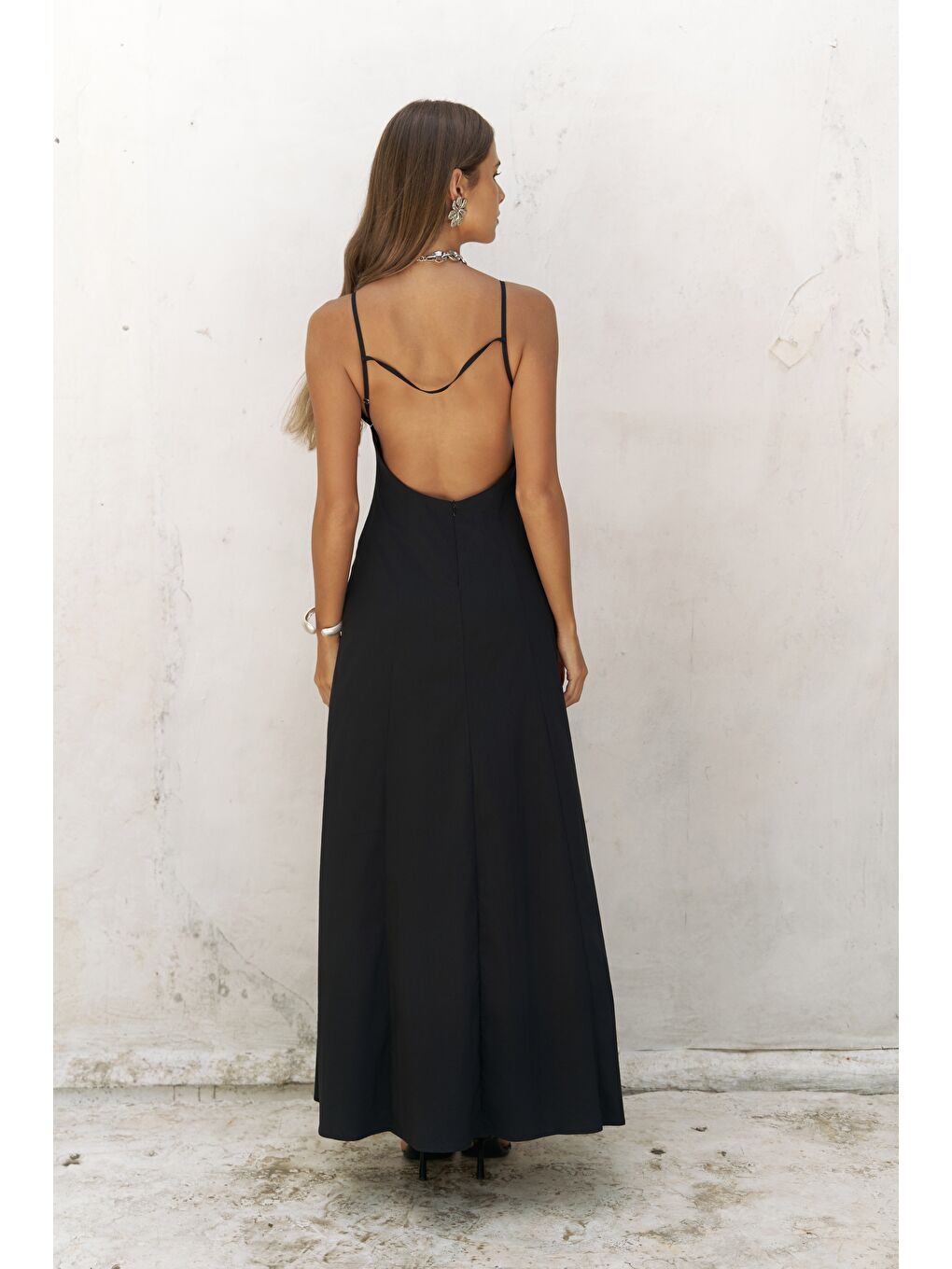 Onella Askılı Siyah Uzun Elbise-4