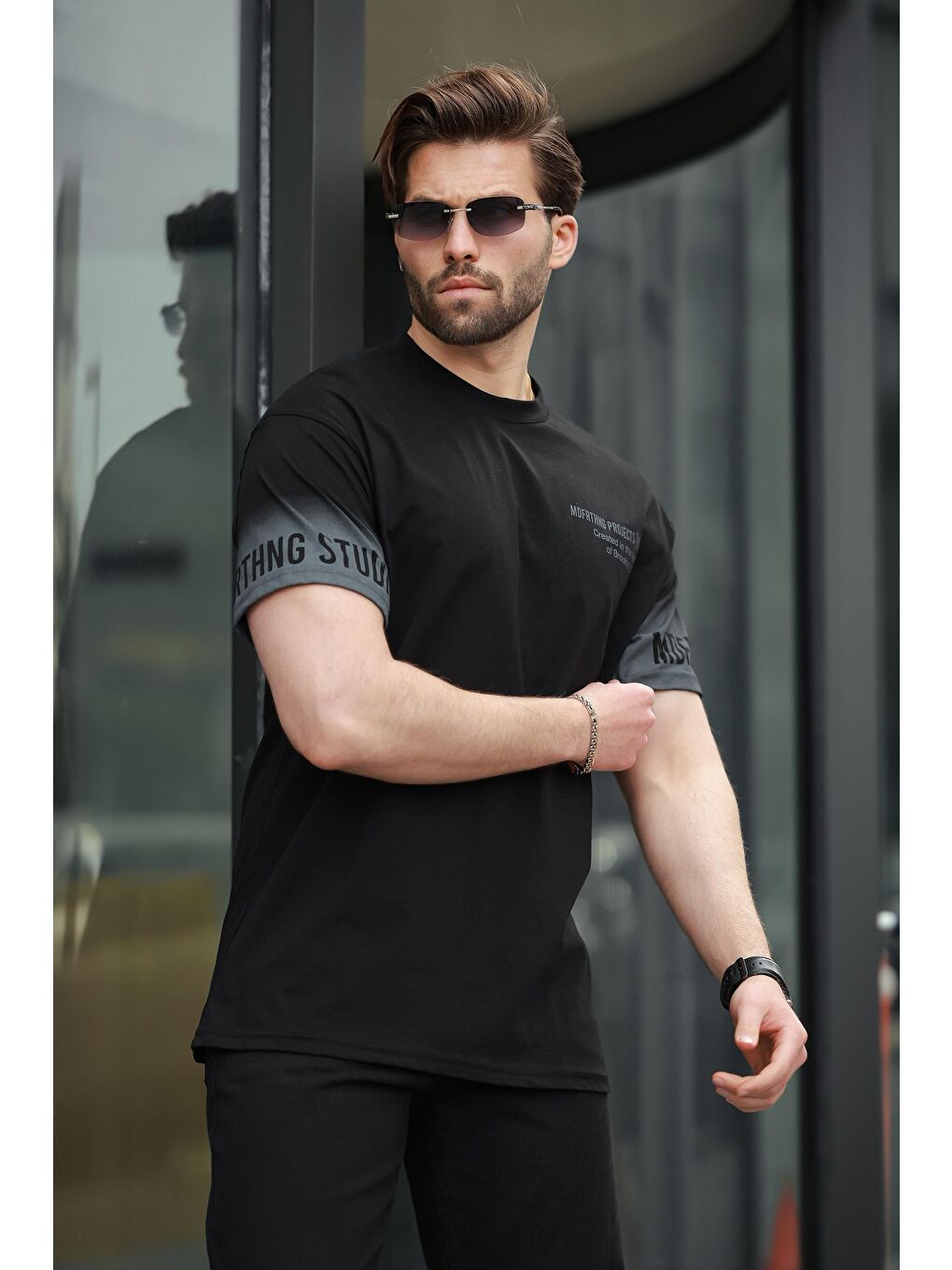 Siyah %100 Pamuklu Baskılı Erkek Tişört E7143-2