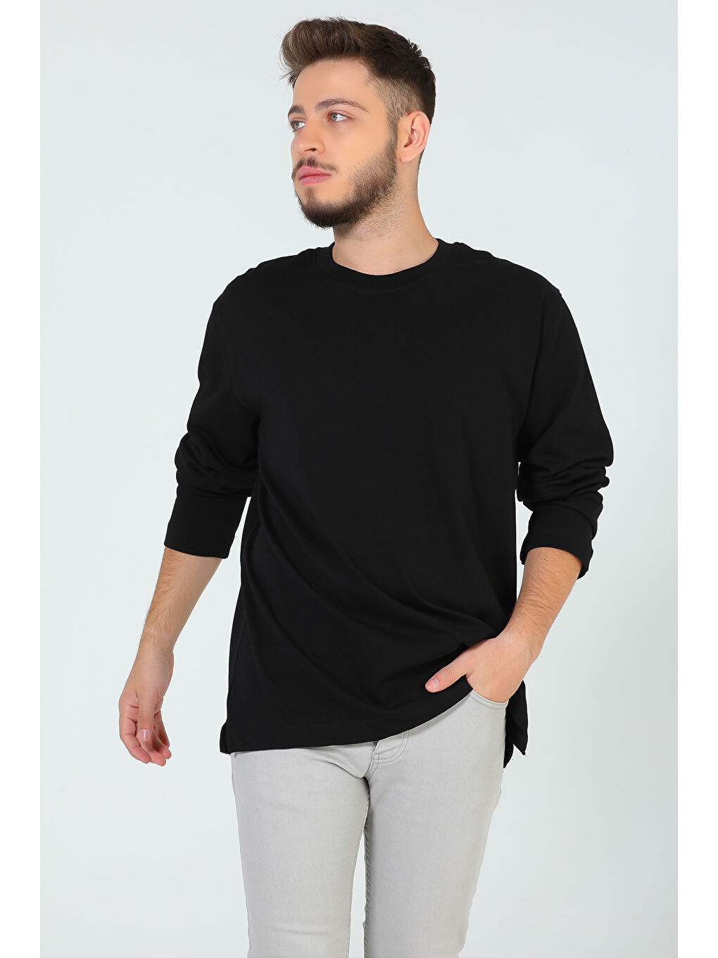 Mishar İtalia Siyah Erkek Bisiklet Yaka Ovesize Basic Sweatshirt