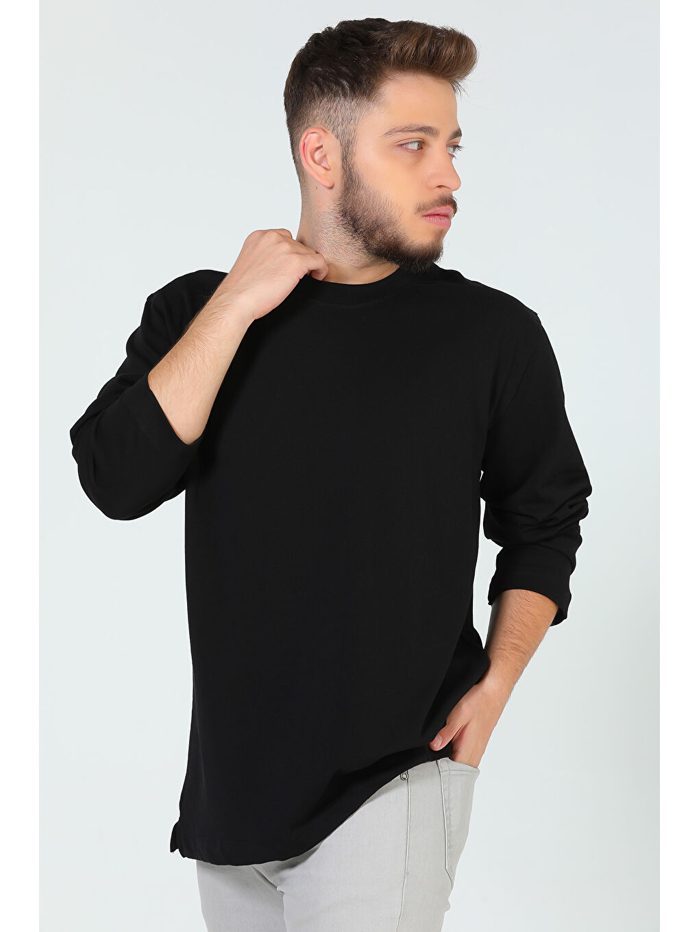 Mishar İtalia Siyah Erkek Bisiklet Yaka Ovesize Basic Sweatshirt - 1