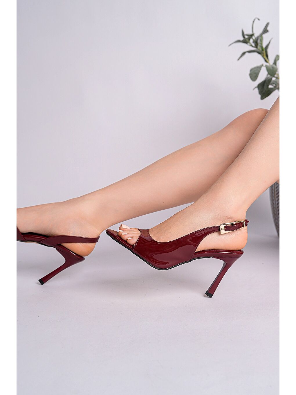 Bordo PURELİNE Rugan Sivri Burun İnce Topuk Arkası Açık Kadın Topuklu Ayakkabı-6