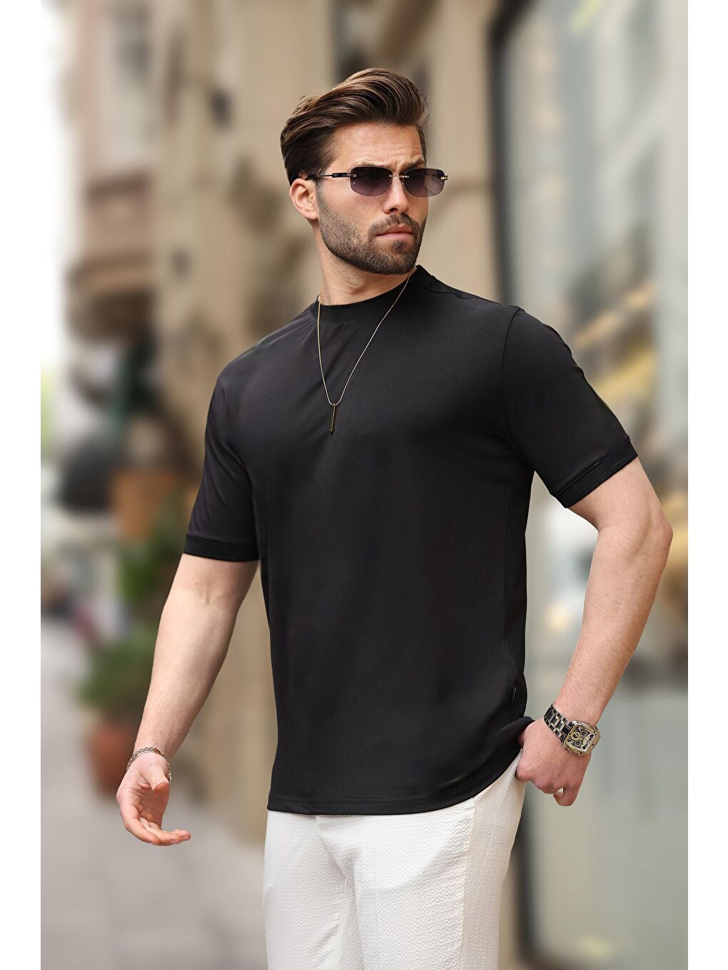 Siyah Düz Bisiklet Yaka Basic Erkek Tişört E7129-1