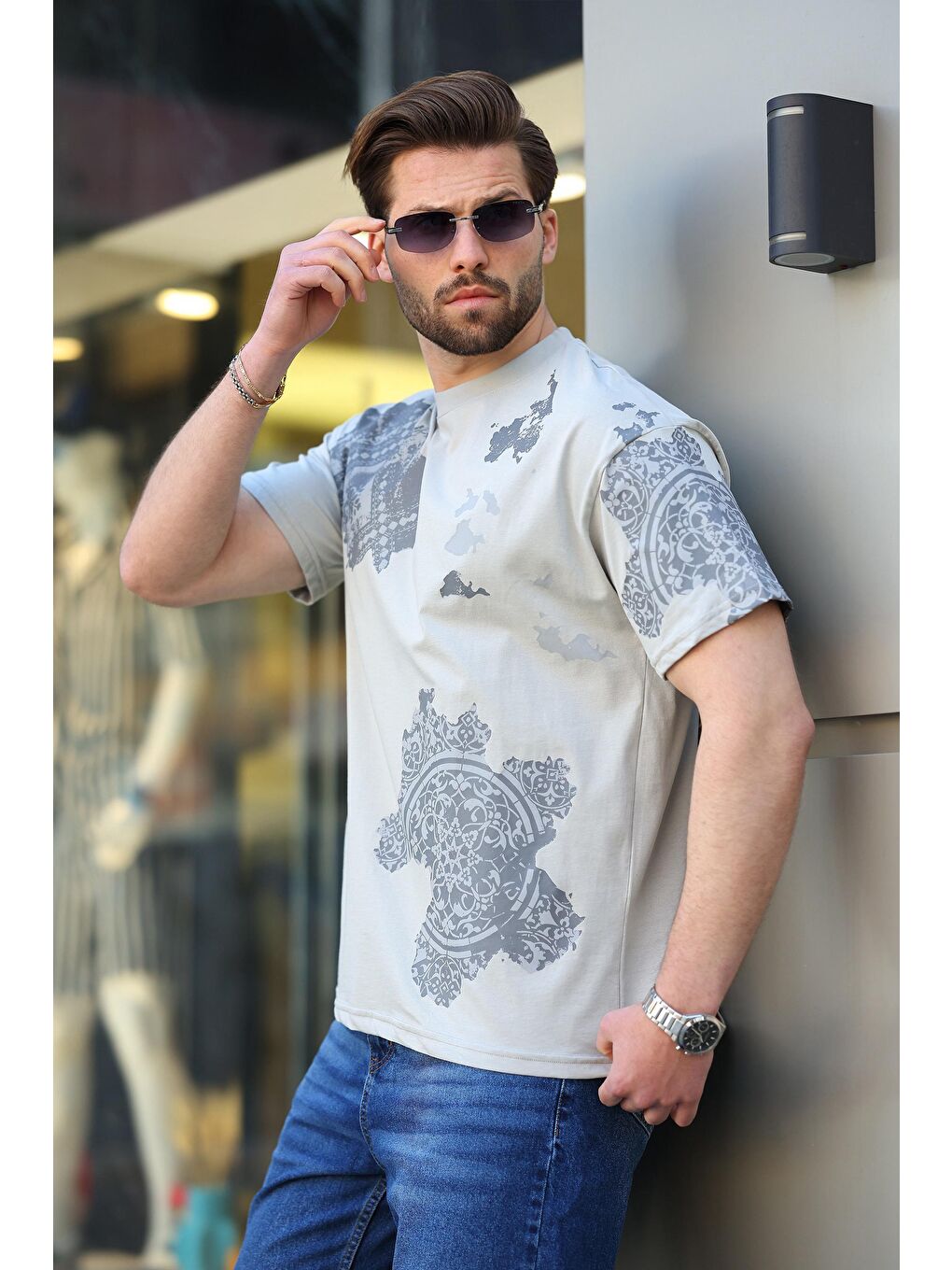 Boyalı Gri %100 Pamuklu Desenli Erkek Tişört E7142-1