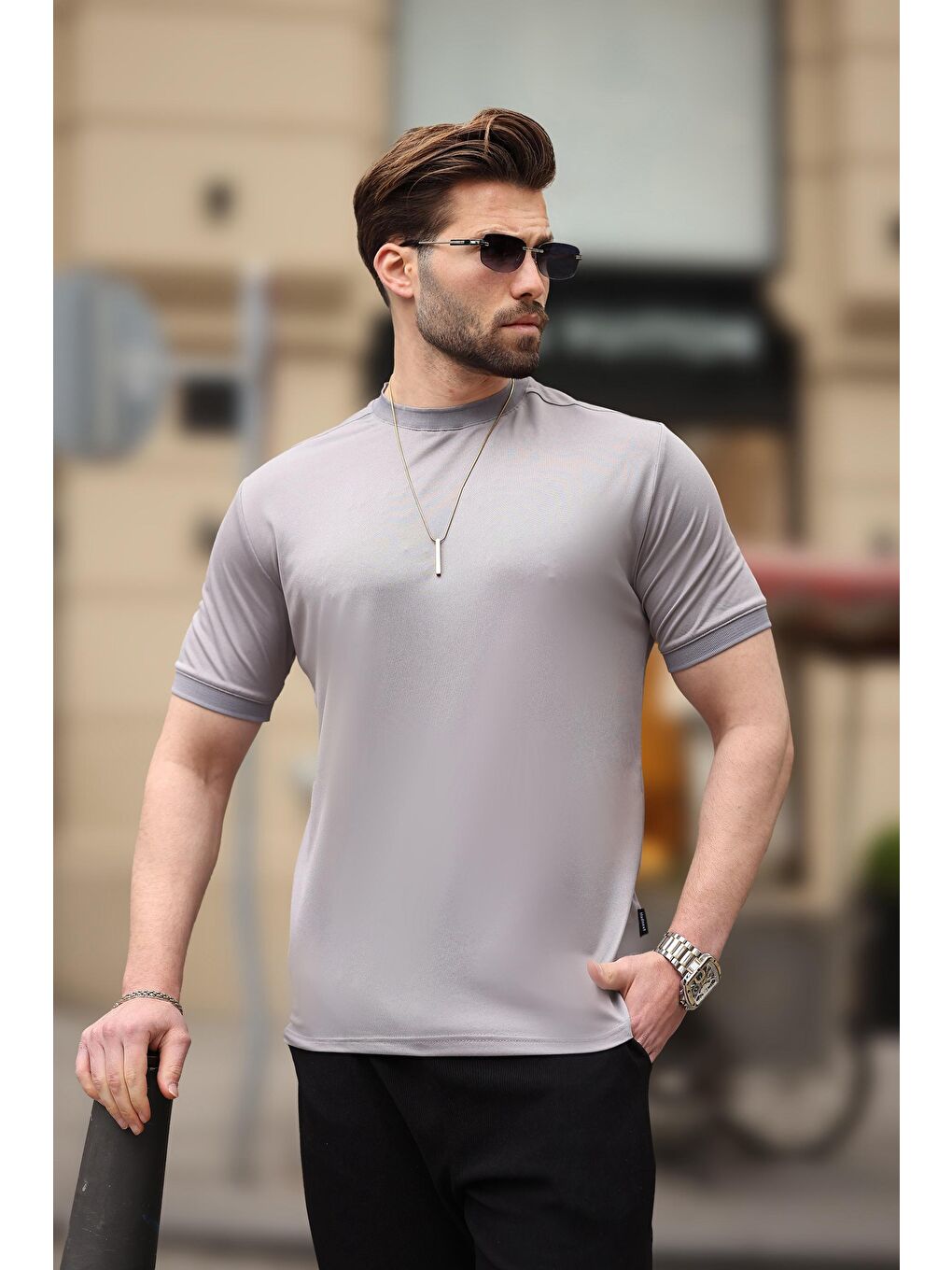 Boyalı Gri Düz Bisiklet Yaka Basic Erkek Tişört E7129-1