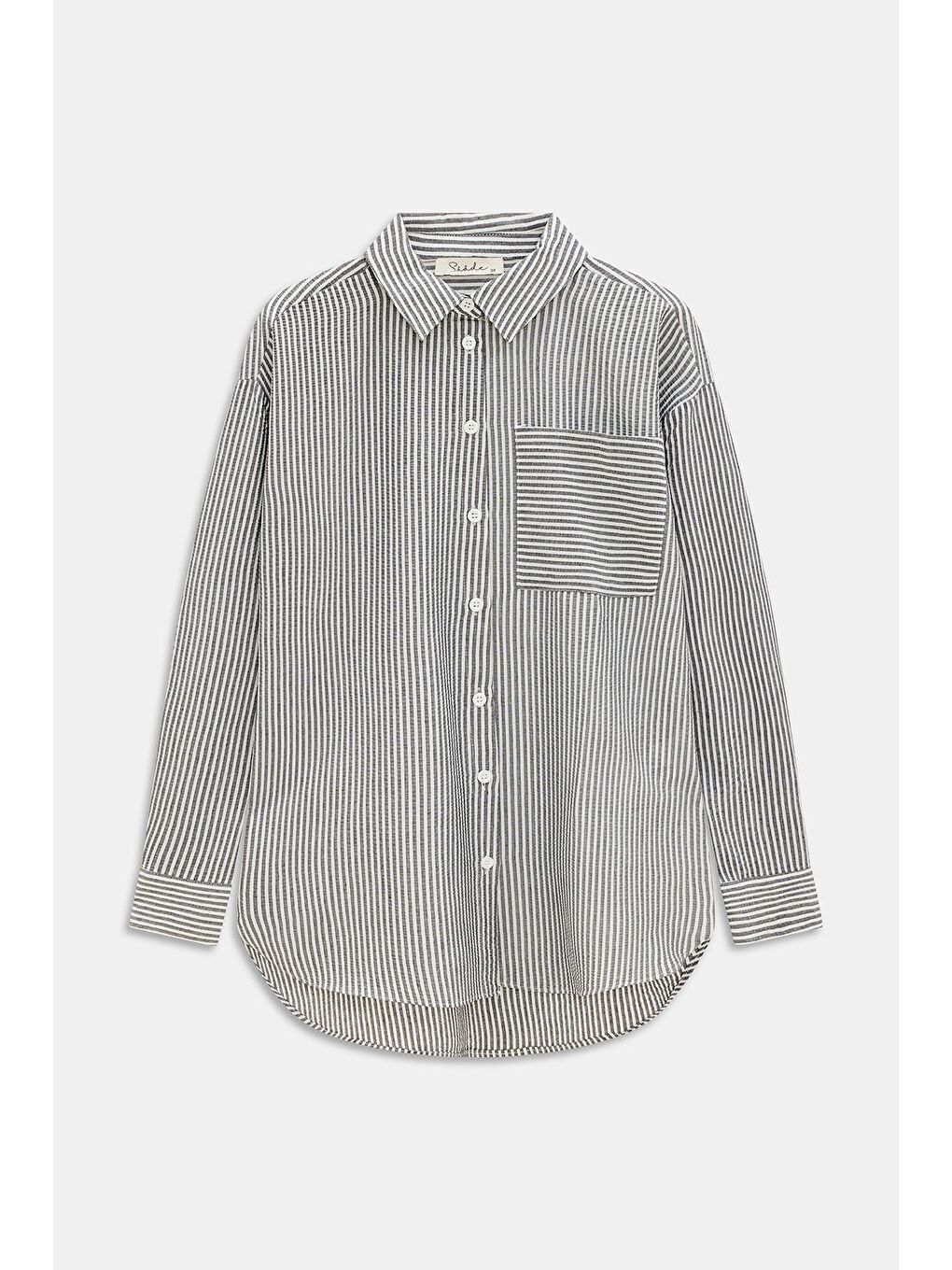 Siyah Kadın Çizgili Dokulu Regular Basic Gömlek - Tek Cepli