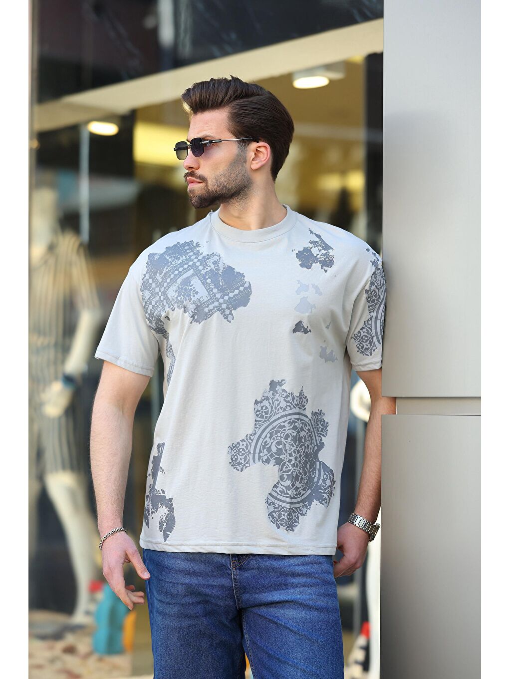 Boyalı Gri %100 Pamuklu Desenli Erkek Tişört E7142-2