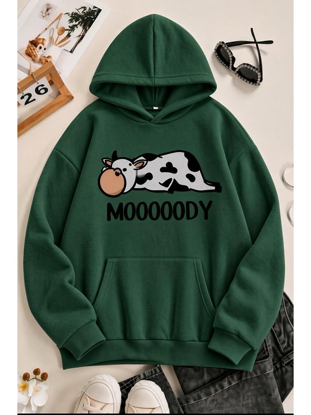 Yeşil Sw Moooody Sevimli İnek Ön Baskılı Unisex Oversize Kapüşonlu Sweatshirt - Hoodie