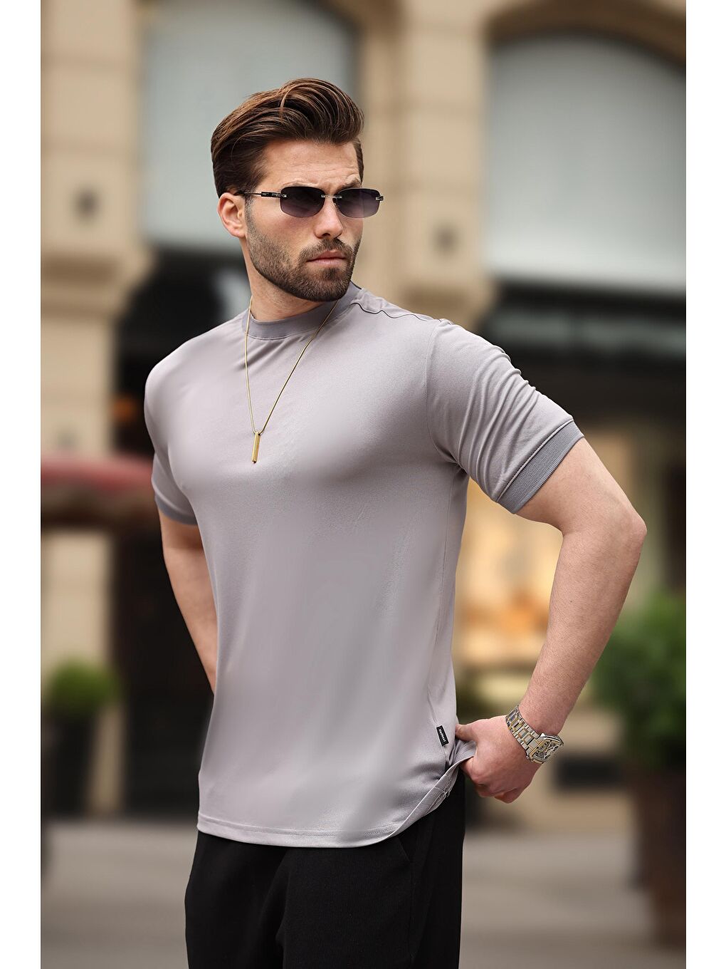 Boyalı Gri Düz Bisiklet Yaka Basic Erkek Tişört E7129-2