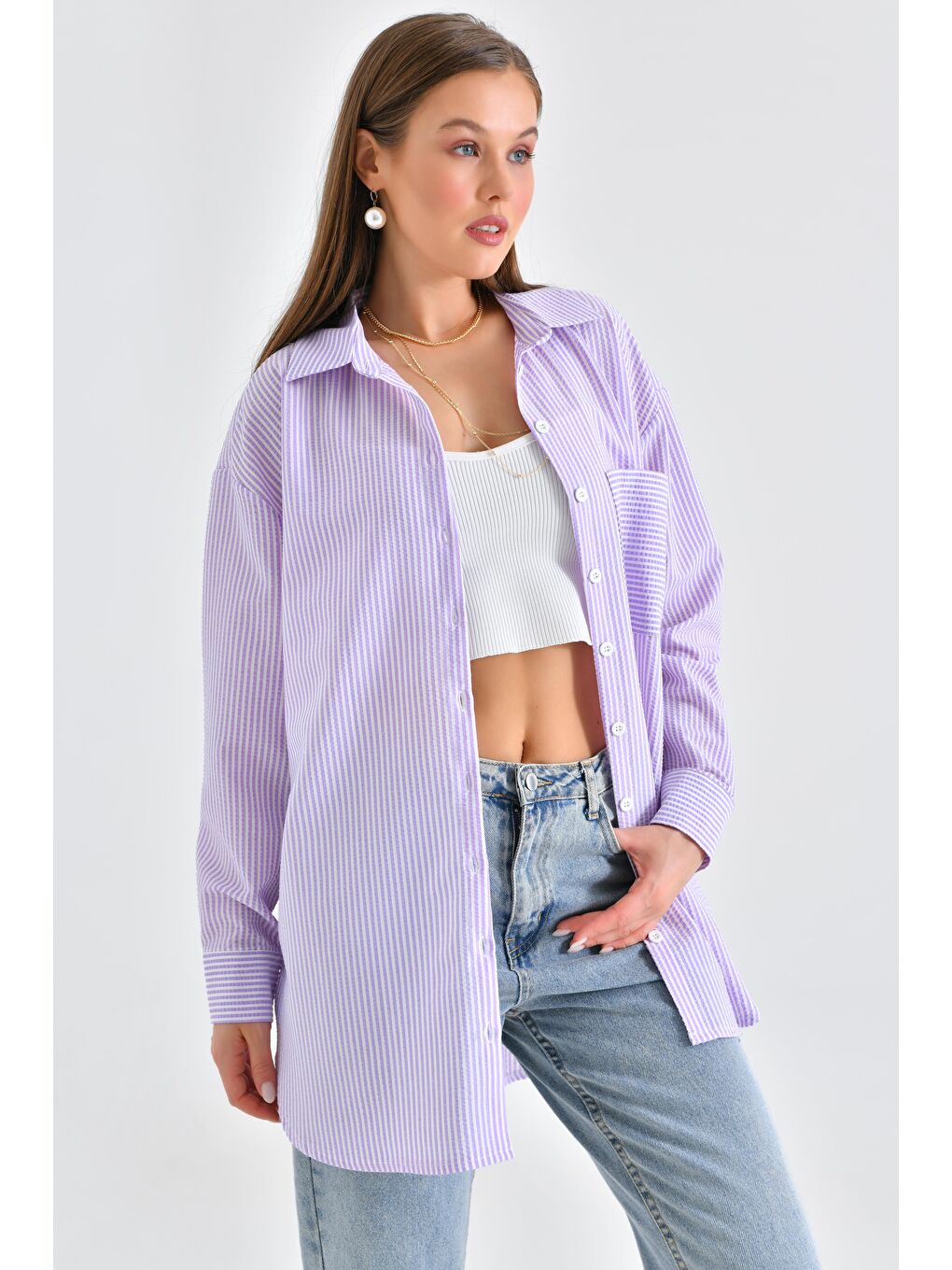 Lila Kadın Çizgili Dokulu Regular Basic Gömlek - Tek Cepli-4