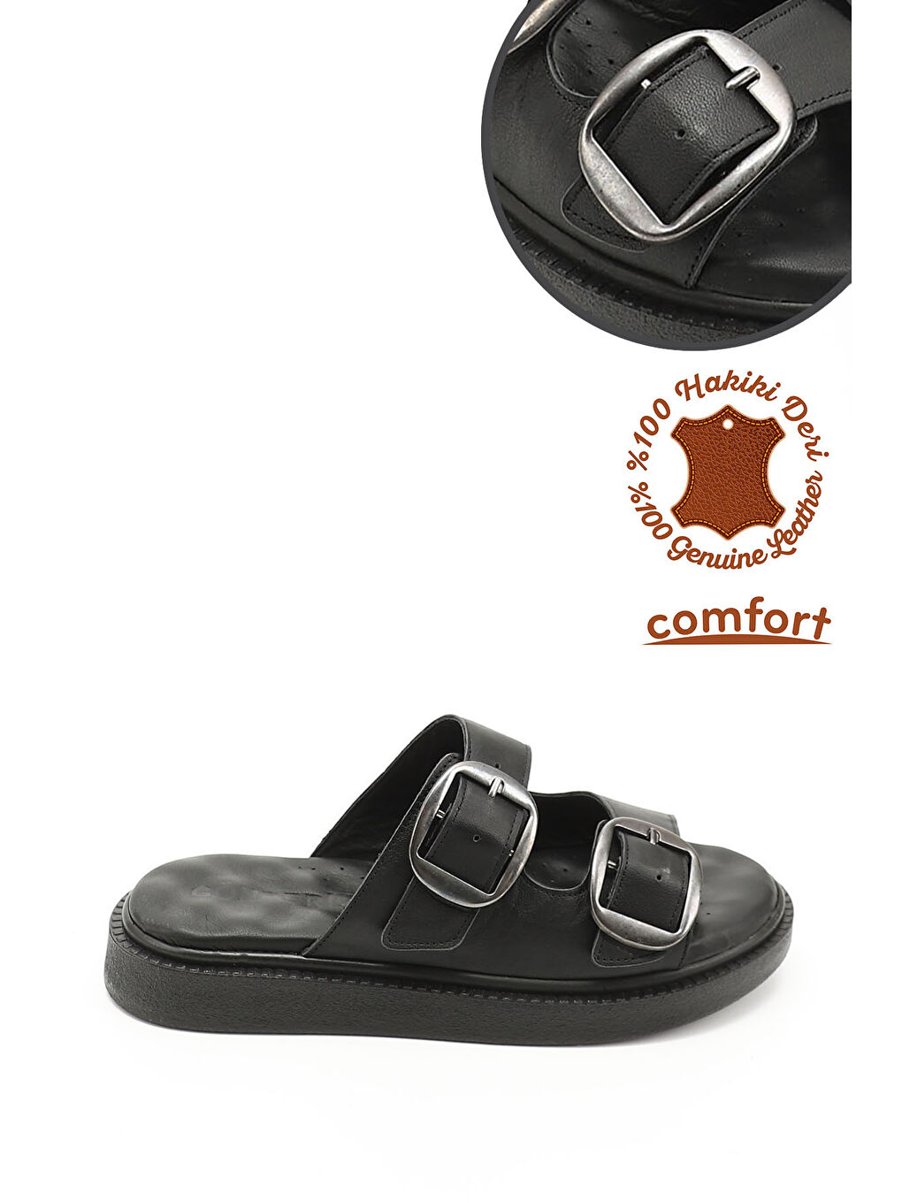 Mor Kadın ZÜMRÜT-SİYAH Tokalı Hakiki Deri Comfort Terlik-2