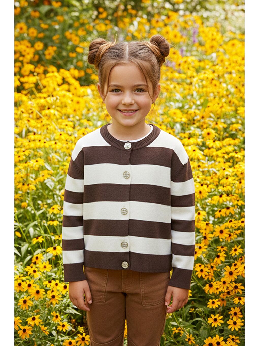 Kahverengi Çizgili Düğmeli Kız Çocuk Triko Hırka