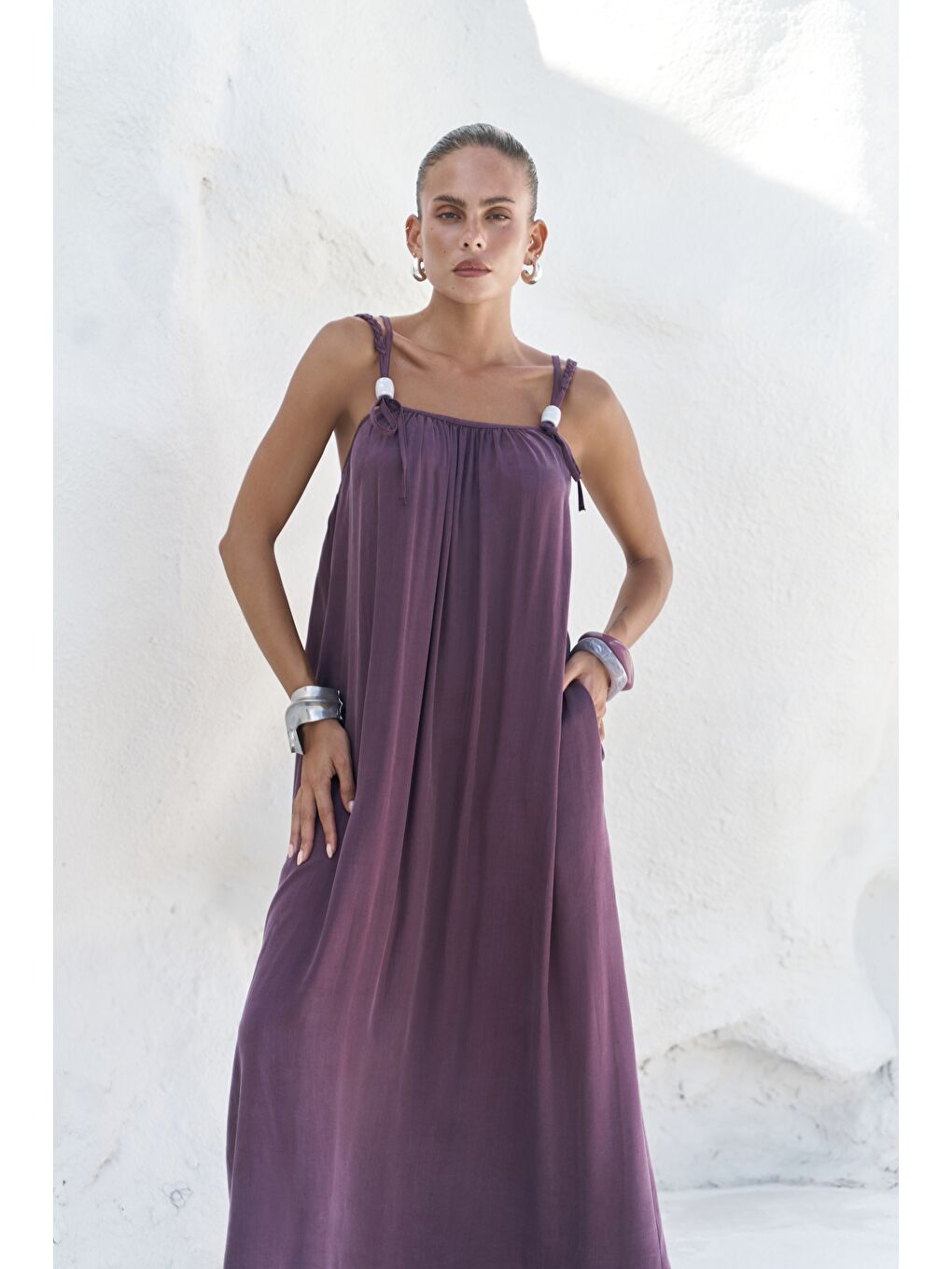 Kasteli Boncuk Detay Bordo Elbise-1