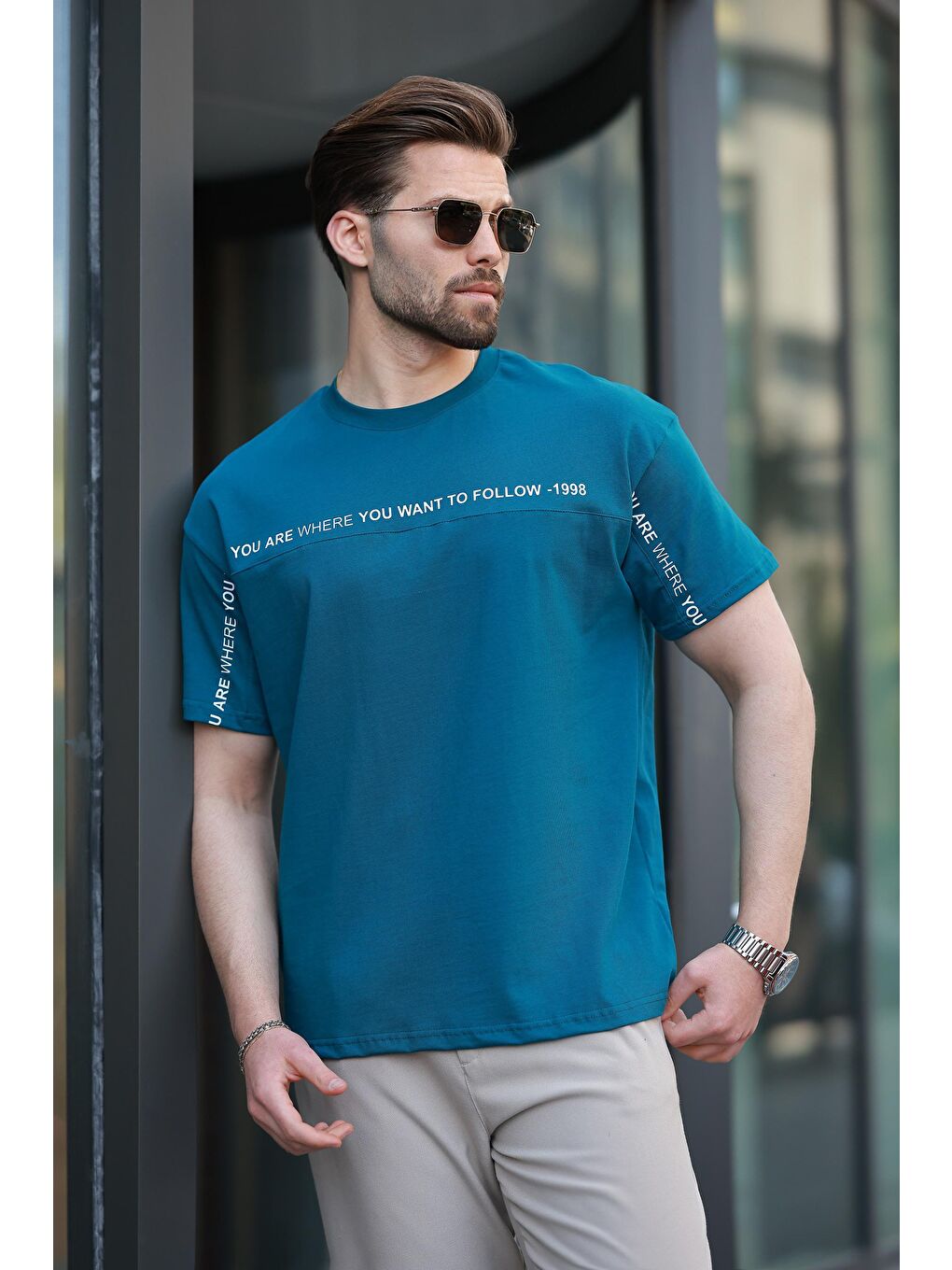 Petrol Mavisi Bisiklet Yaka Baskılı Basic %100 Pamuk Tişört E7156-1