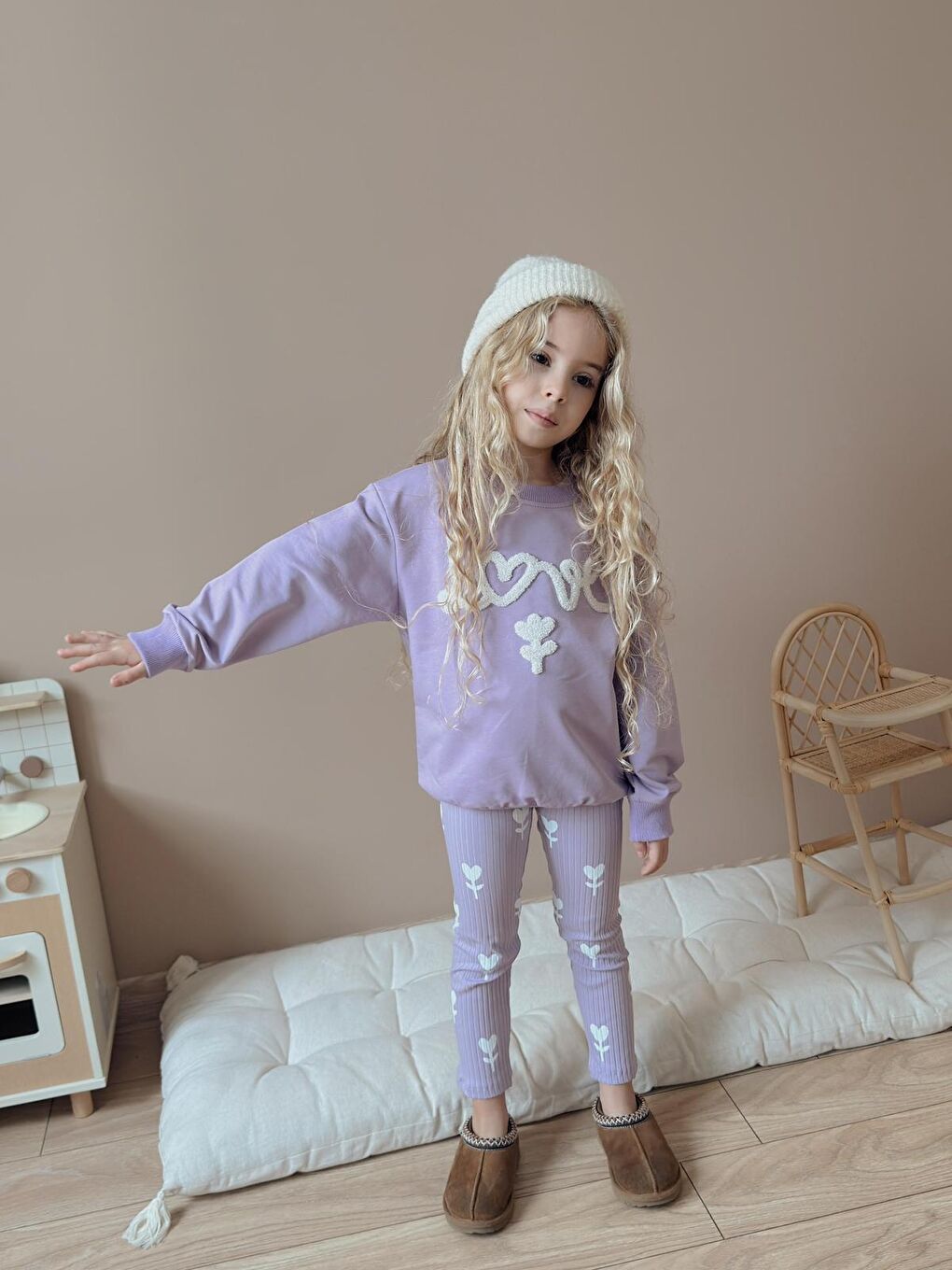 Kız Çocuk Pamuklu Sweatshirt Tayt İkili Takım Lila