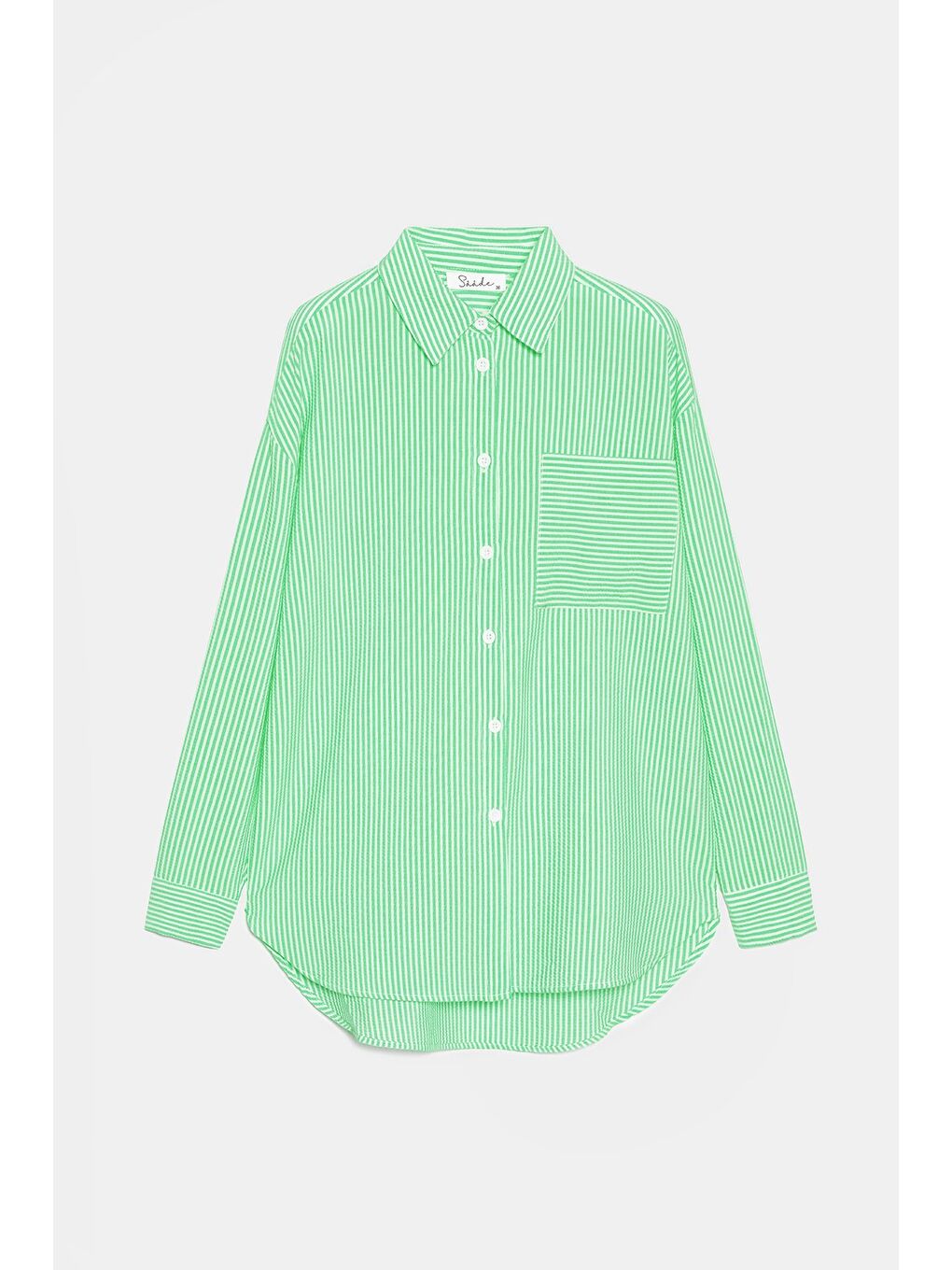 Yeşil Kadın Çizgili Dokulu Regular Basic Gömlek - Tek Cepli