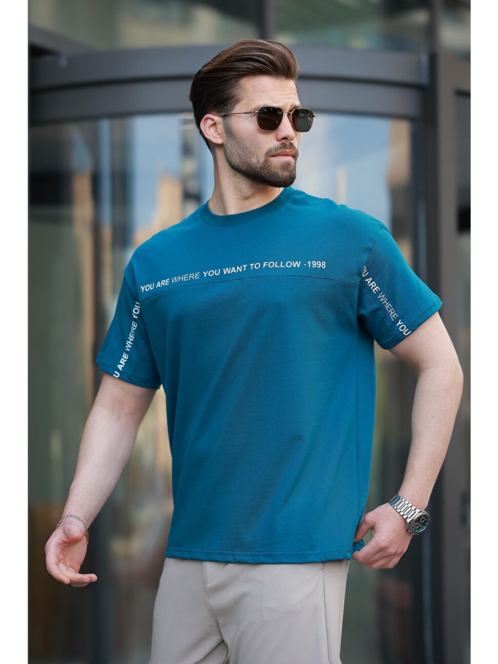 Petrol Mavisi Bisiklet Yaka Baskılı Basic %100 Pamuk Tişört E7156-2