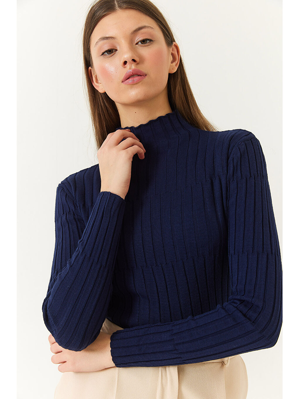 Lacivert Kadın Balıkçı Yaka Parçalı Kazak-3