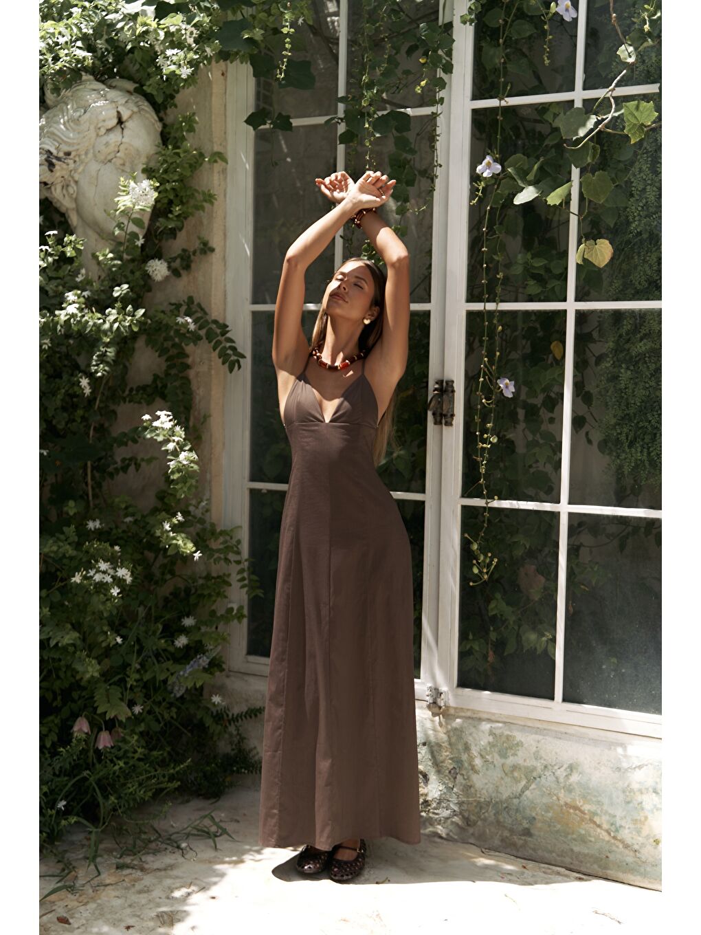 Kahverengi Onella Askılı Kahve Uzun Elbise