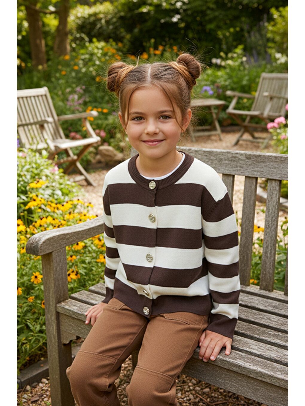 Kahverengi Çizgili Düğmeli Kız Çocuk Triko Hırka-1