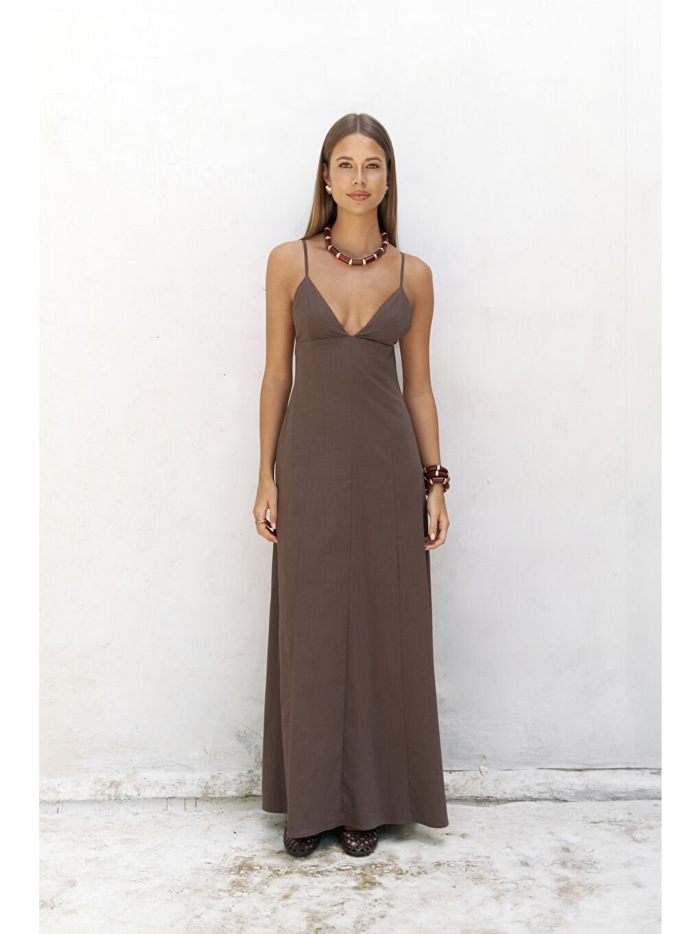 Kahverengi Onella Askılı Kahve Uzun Elbise-1
