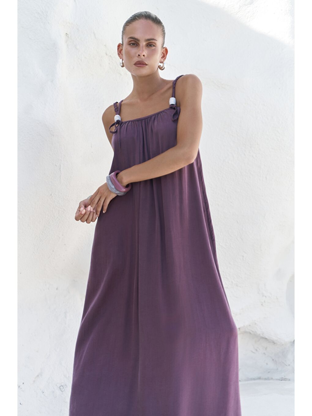 Kasteli Boncuk Detay Bordo Elbise-5