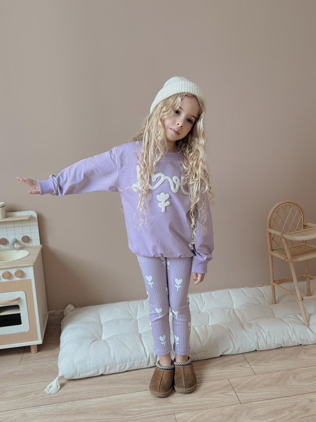 Kız Çocuk Pamuklu Sweatshirt Tayt İkili Takım Lila-1