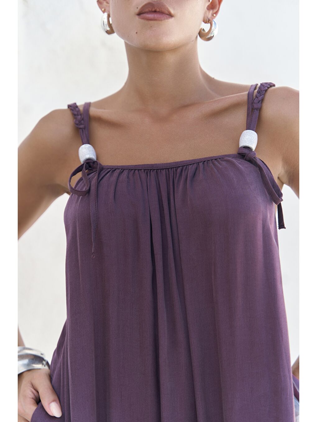 Kasteli Boncuk Detay Bordo Elbise-6