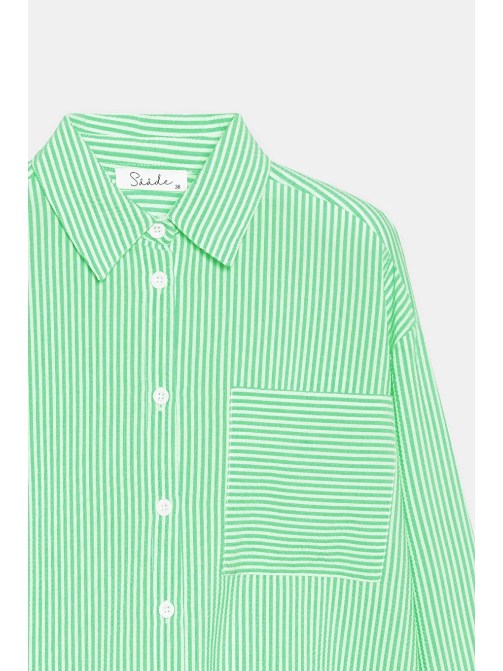 Yeşil Kadın Çizgili Dokulu Regular Basic Gömlek - Tek Cepli-2
