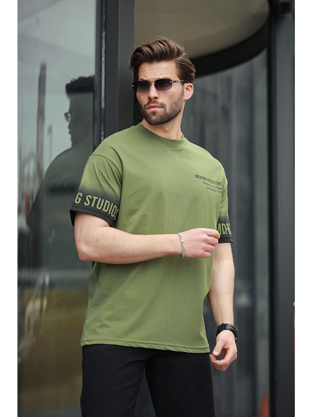 Haki Yeşili %100 Pamuklu Baskılı Erkek Tişört E7143-1