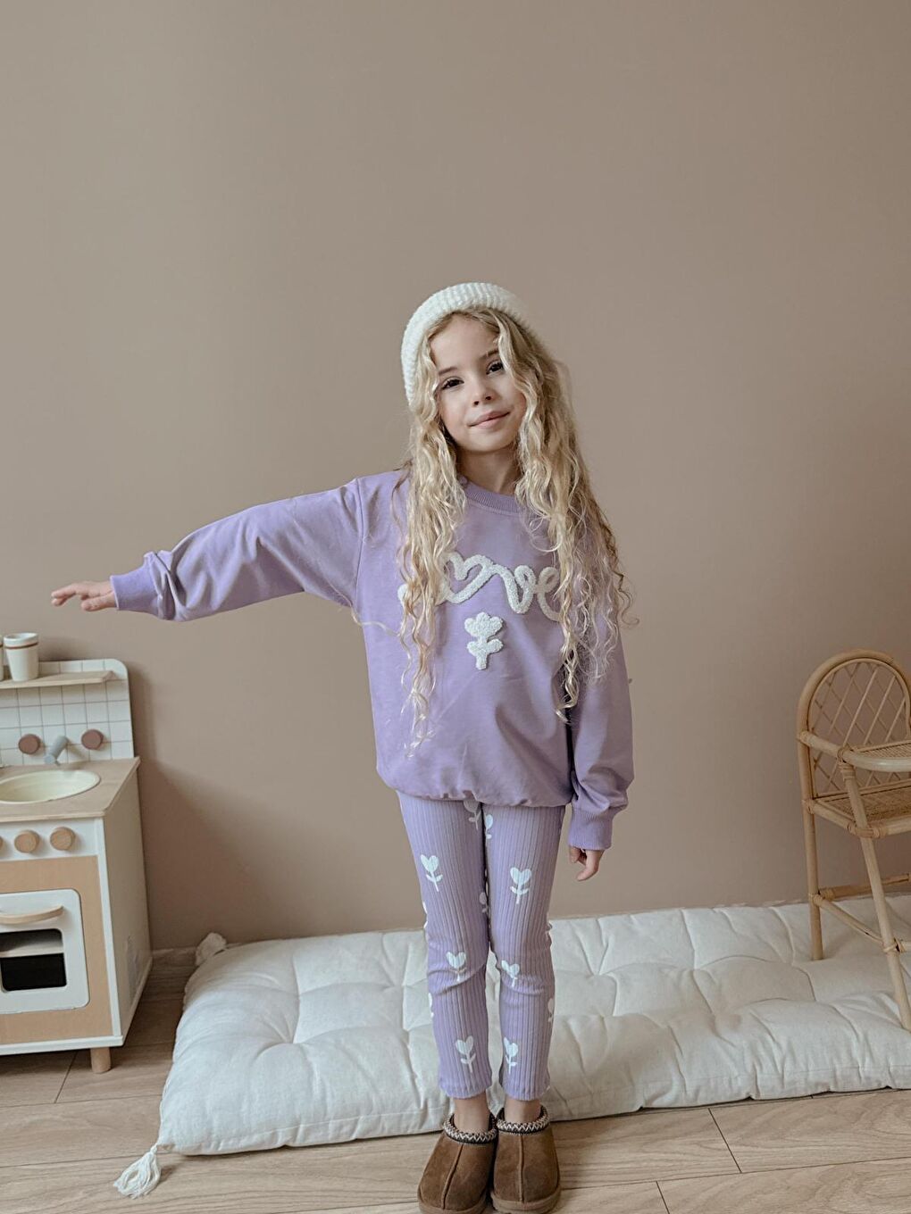 Kız Çocuk Pamuklu Sweatshirt Tayt İkili Takım Lila-2