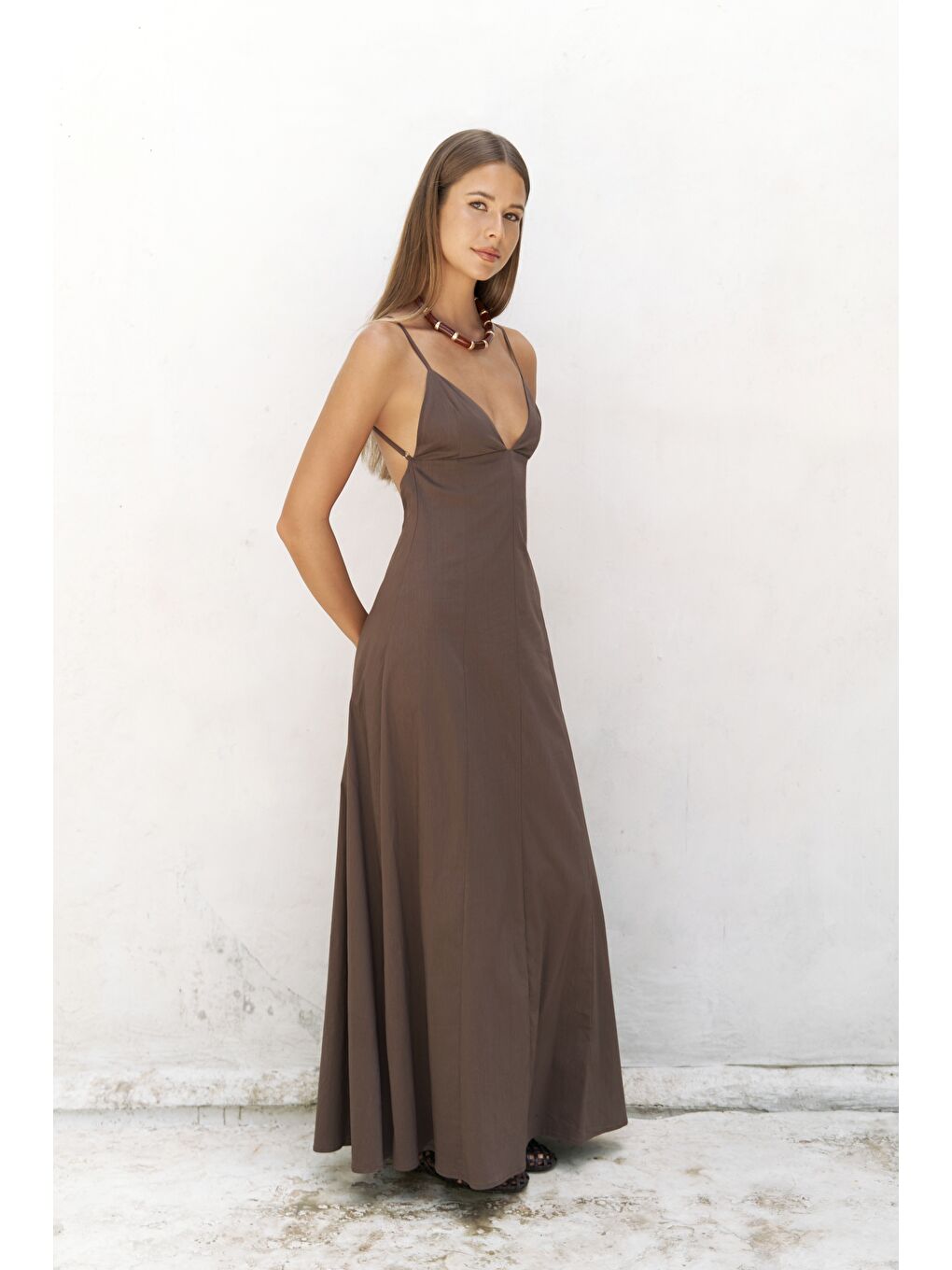 Kahverengi Onella Askılı Kahve Uzun Elbise-2