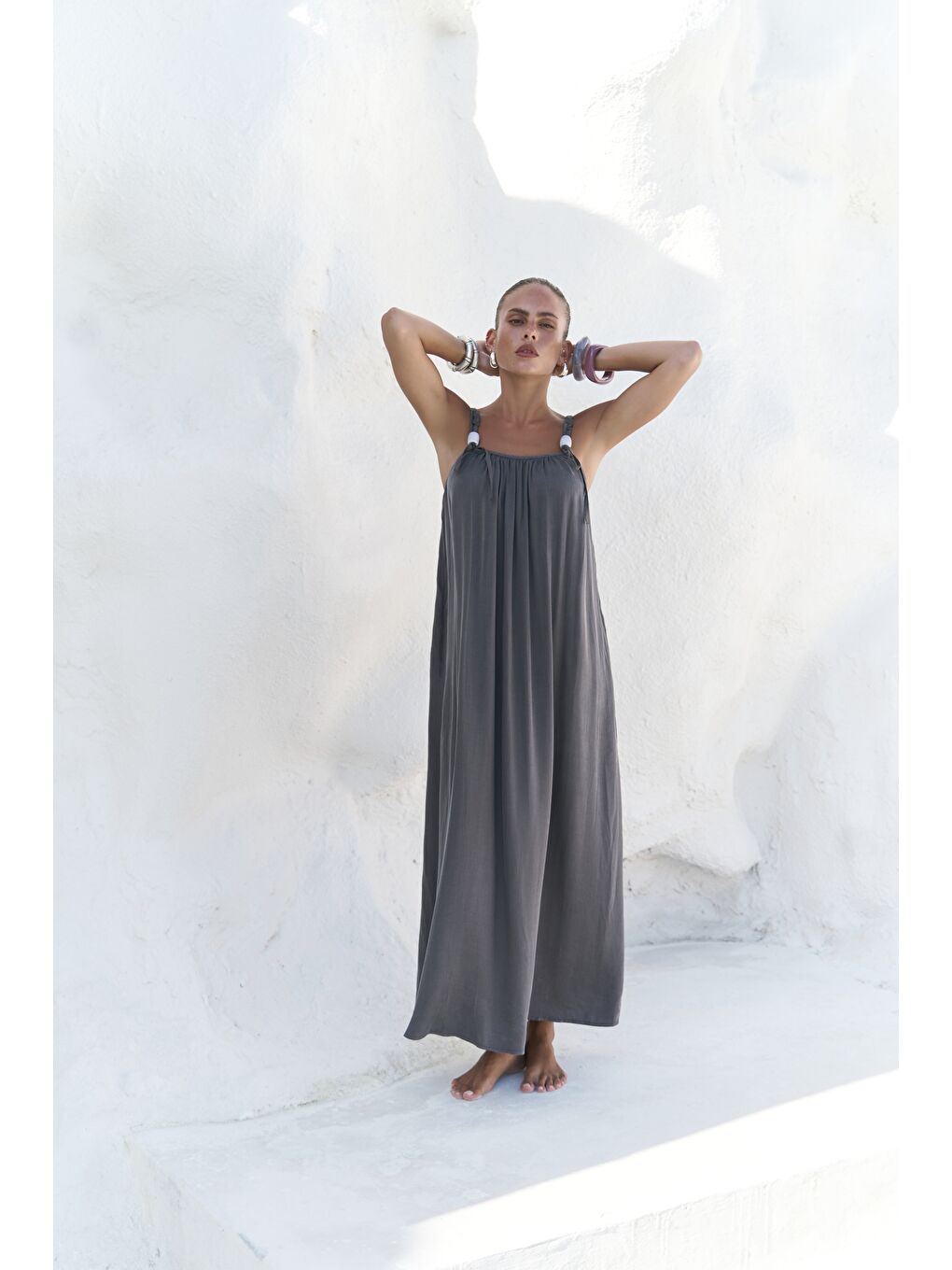 Kasteli Boncuk Detay Antrasit Elbise-1