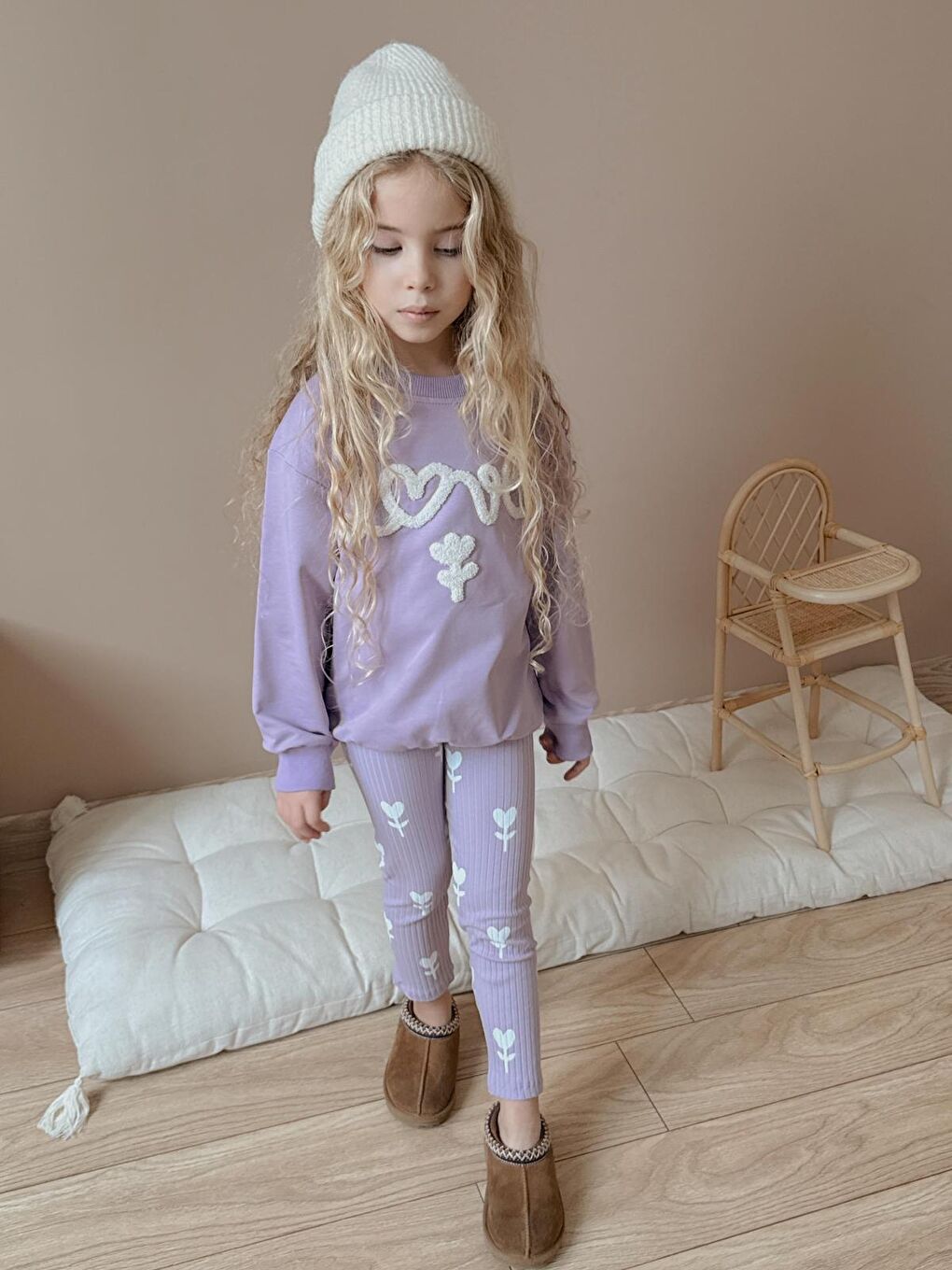 Kız Çocuk Pamuklu Sweatshirt Tayt İkili Takım Lila-3