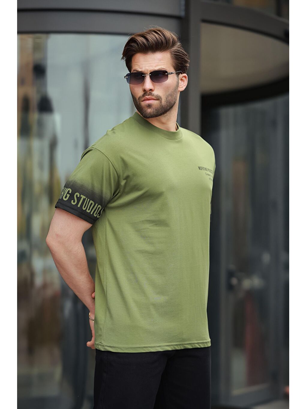 Haki Yeşili %100 Pamuklu Baskılı Erkek Tişört E7143-2