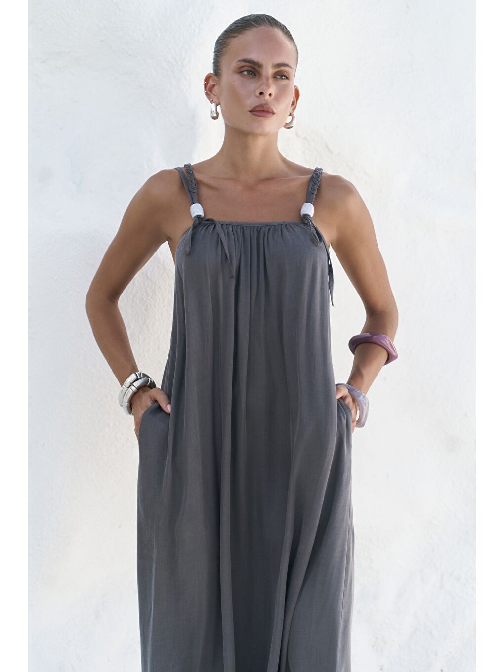 Kasteli Boncuk Detay Antrasit Elbise-2