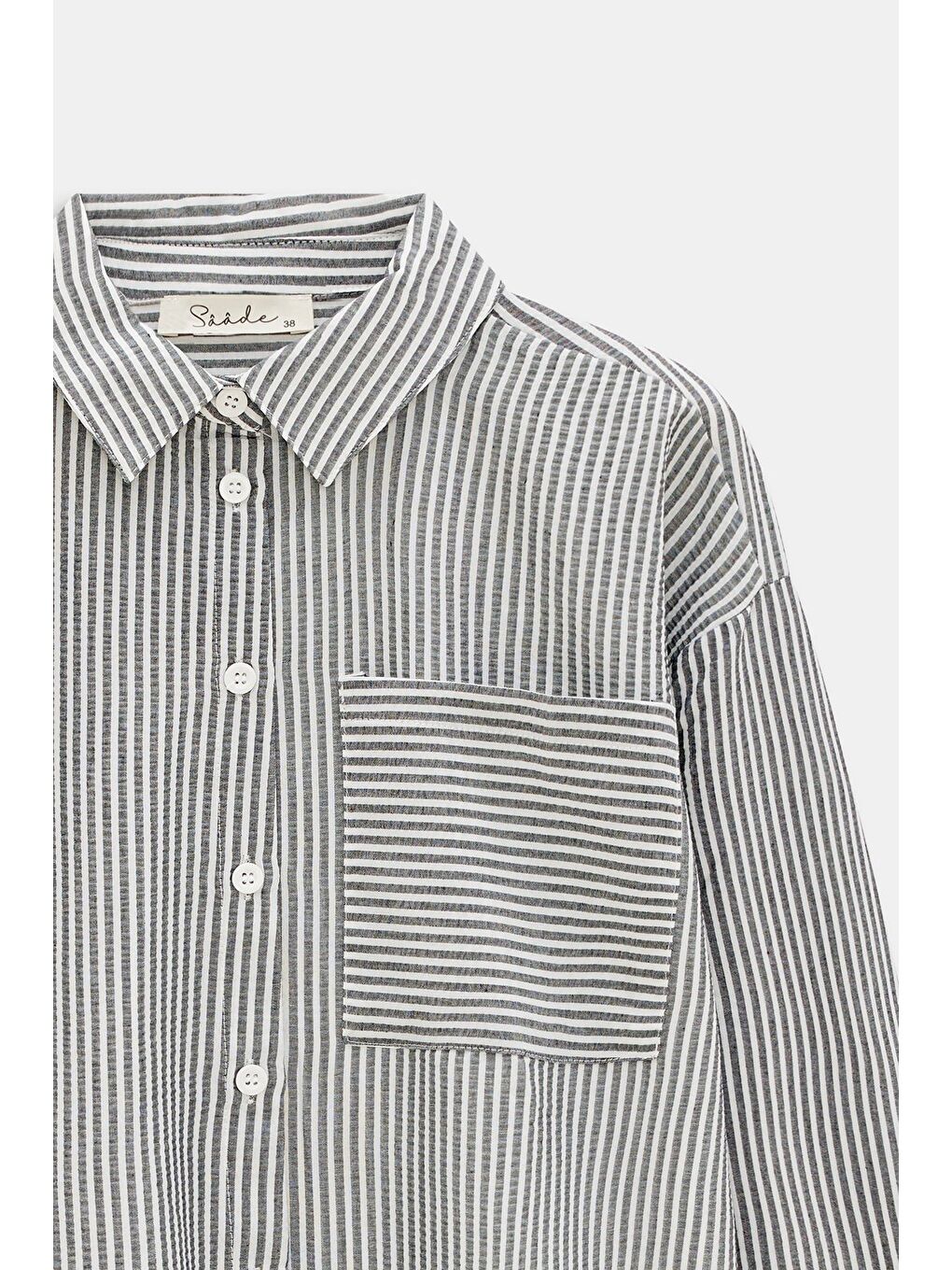 Siyah Kadın Çizgili Dokulu Regular Basic Gömlek - Tek Cepli-2