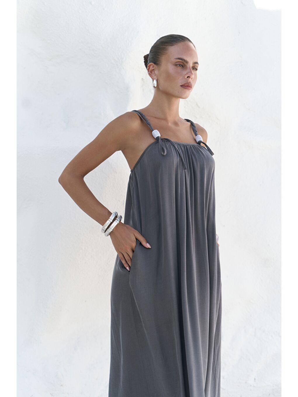 Kasteli Boncuk Detay Antrasit Elbise-3