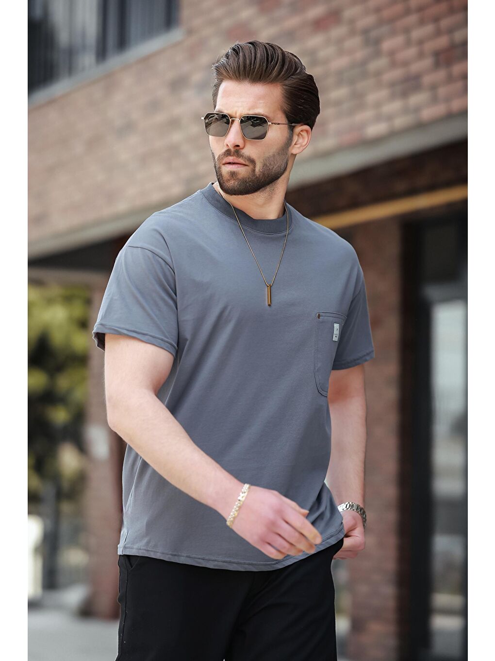 Gri Füme Bisiklet Yaka Baskılı Basic %100 Pamuk Tişört E7149-1