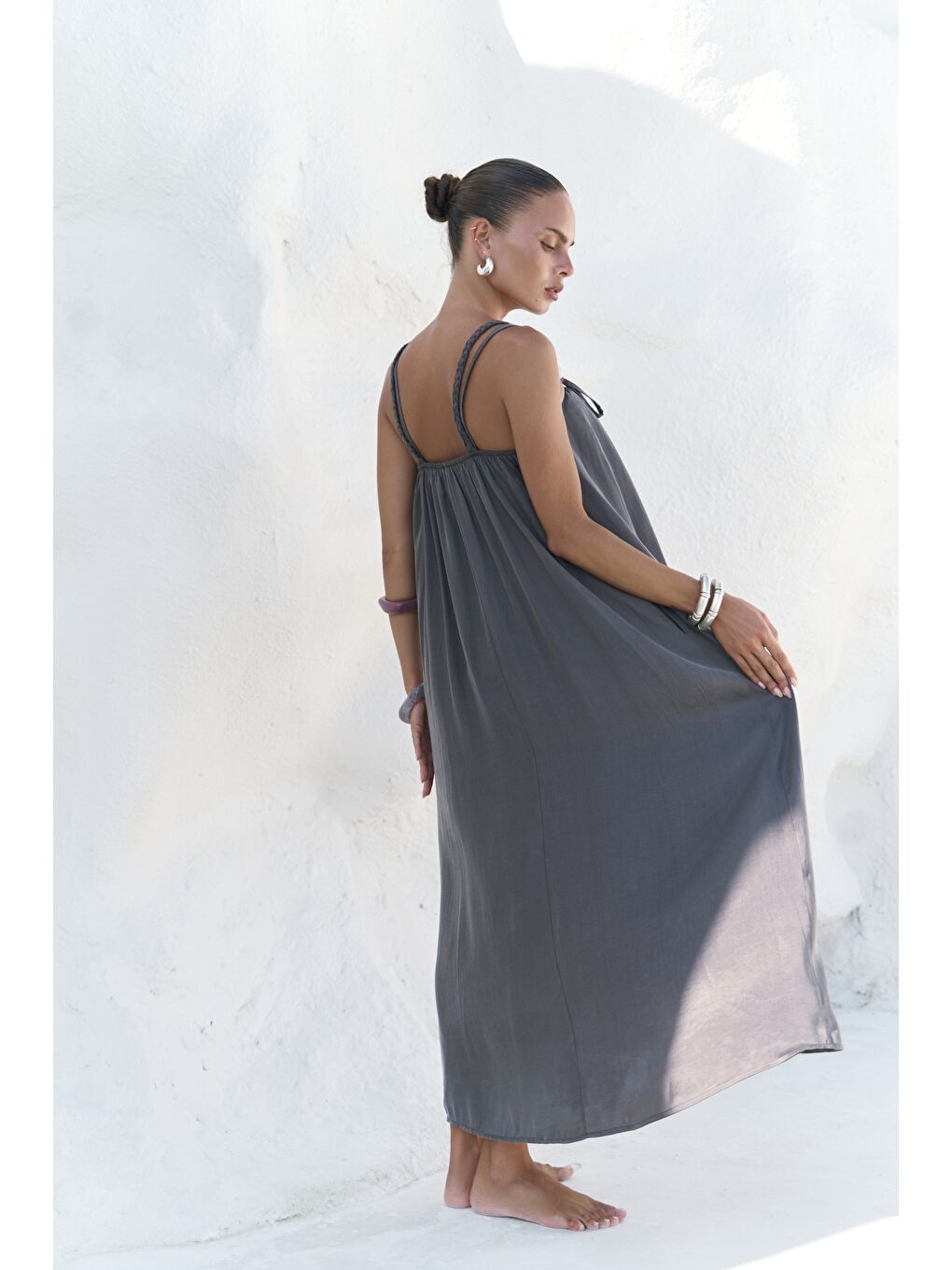 Kasteli Boncuk Detay Antrasit Elbise-4