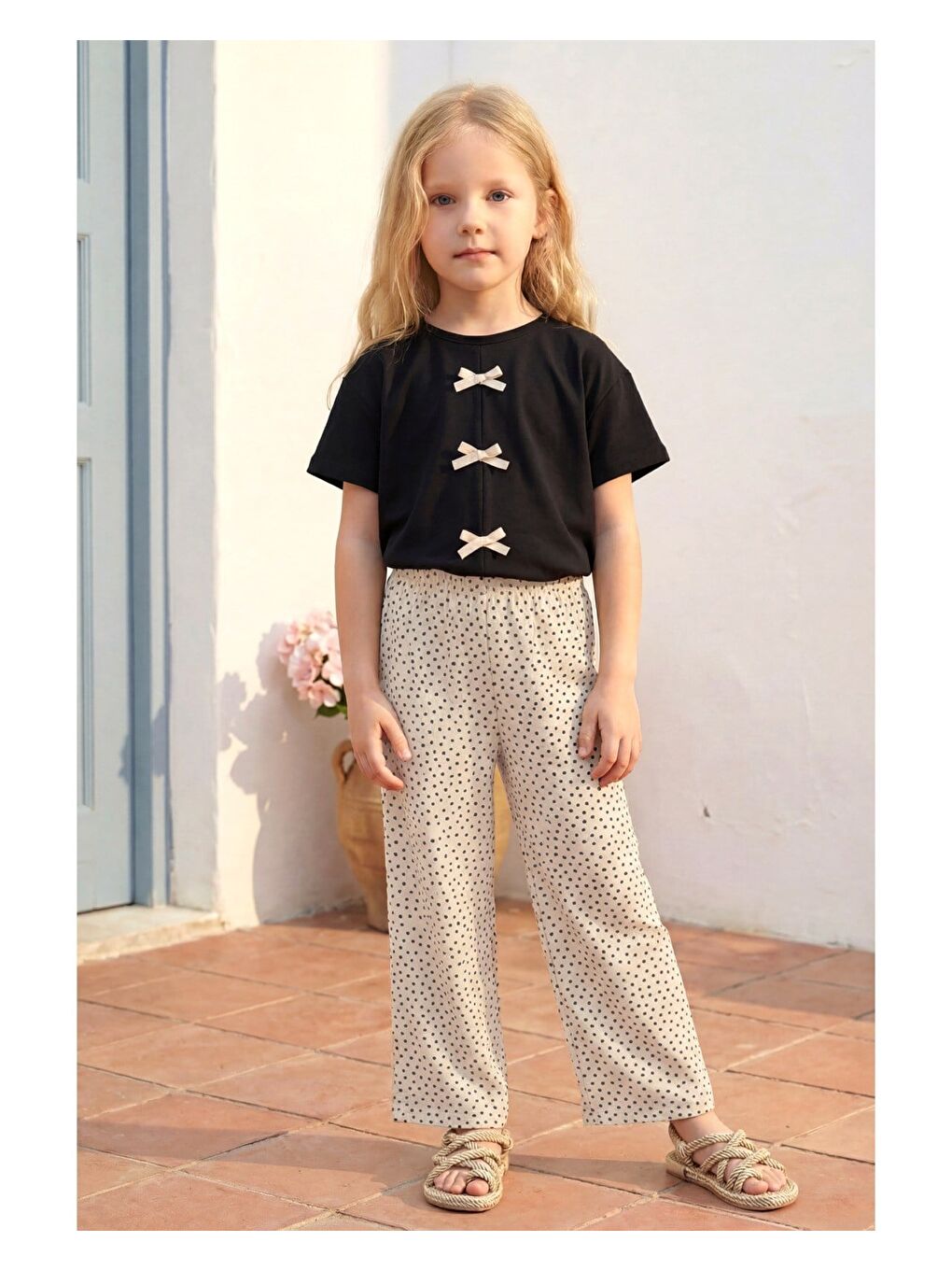 Kız Çocuk Pamuklu Siyah Fiyonk Detaylı Tişört Pantolon Takım-1