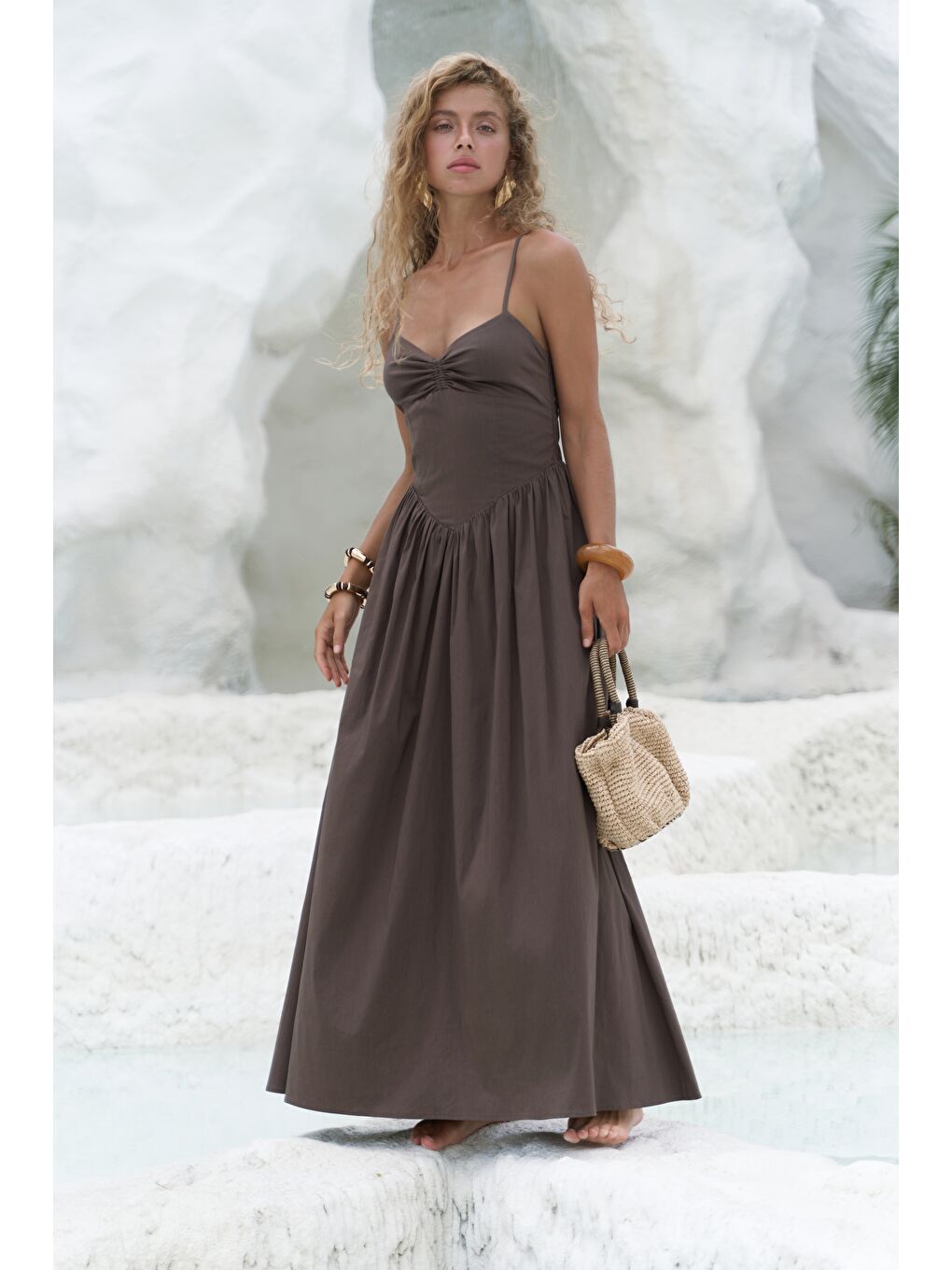 Kahverengi Hajar Askılı Kahve Uzun Elbise-1
