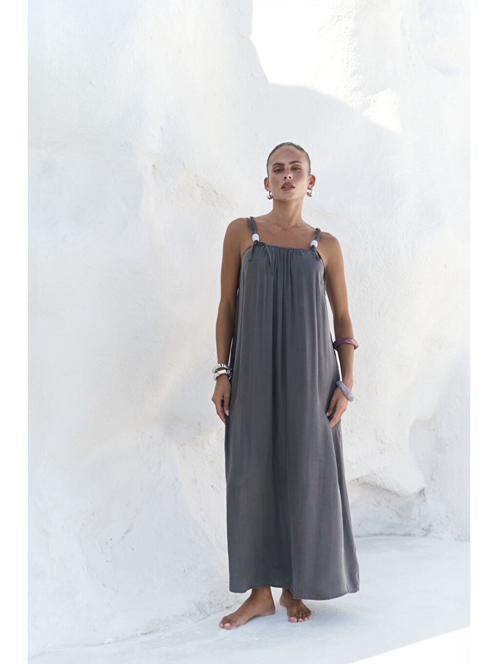 Kasteli Boncuk Detay Antrasit Elbise-5