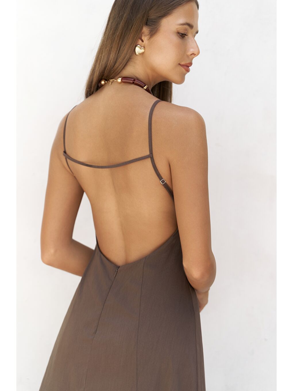 Kahverengi Onella Askılı Kahve Uzun Elbise-6