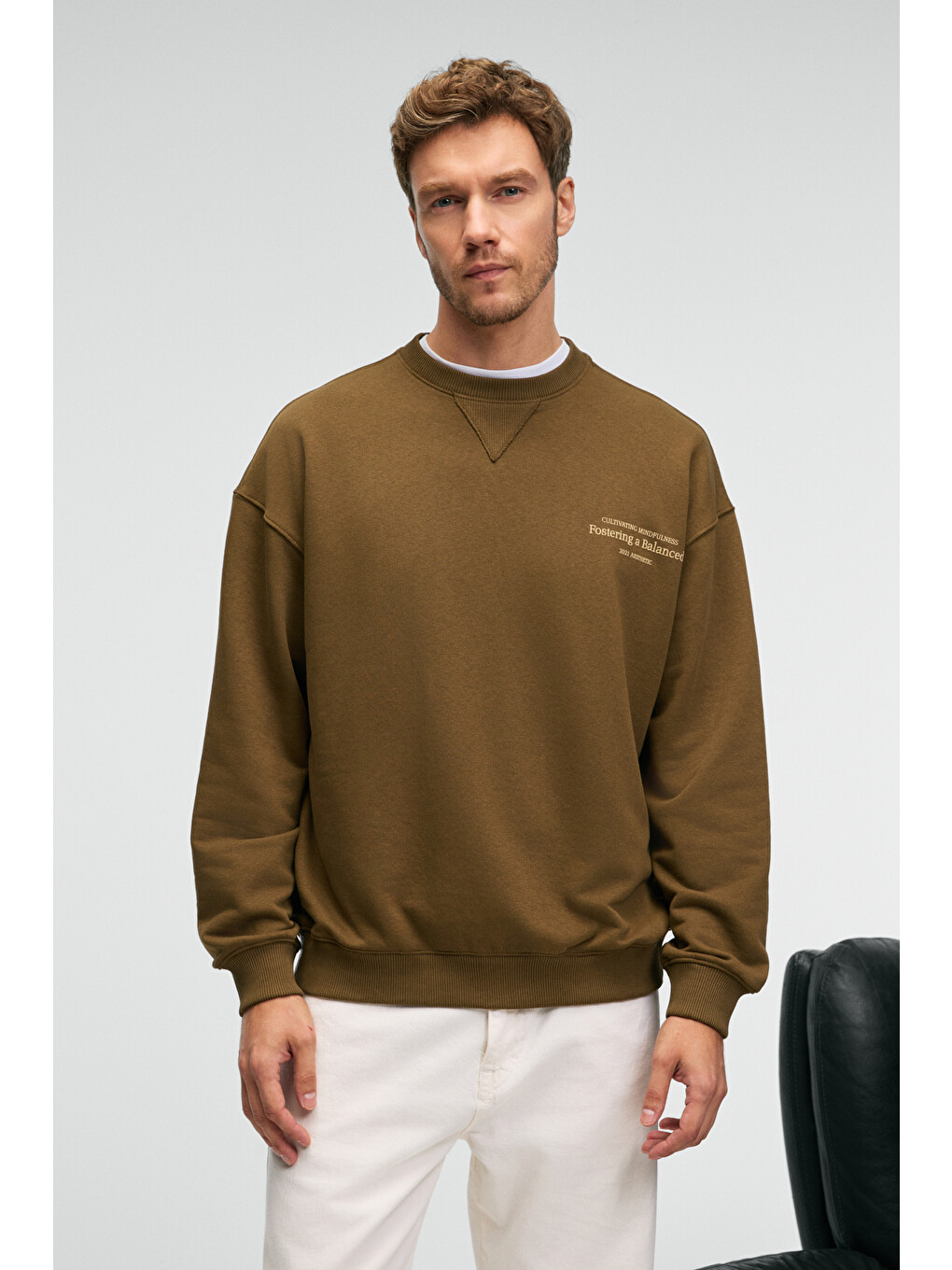 Caspıan Erkek %100 Pamuk Bisiklet Yaka Karyoka Dikişli Baskılı Haki Sweatshirt