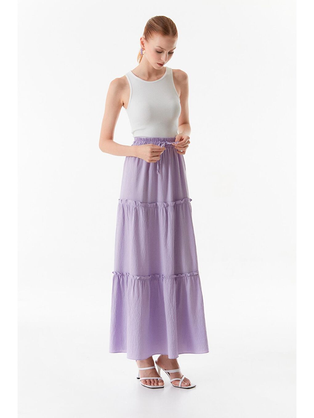 Lila Basic Beli Lastikli Uzun Etek-4